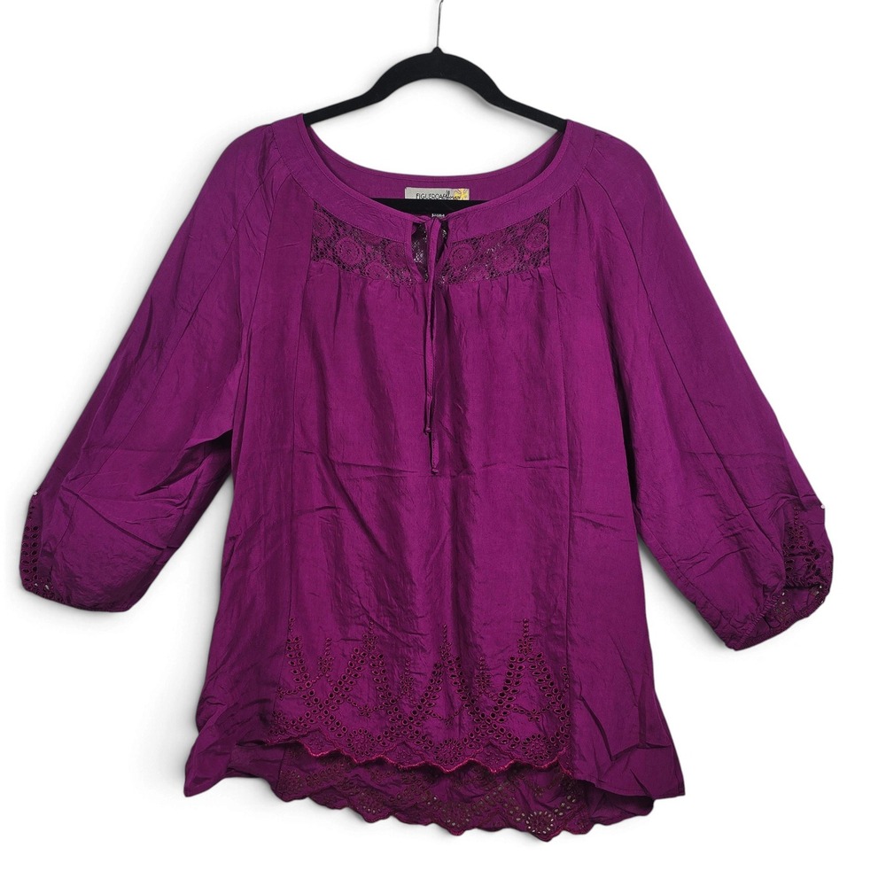 Figueroa & Flower Blouse Women L Purple Eyelet Lace 3/4 Sleeve NWT Boho Peasant